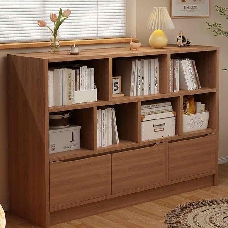 书架落地置物架收纳带柜门书柜储物柜一体矮柜客厅胡桃木色小柜子