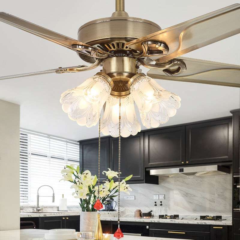 w%餐厅风扇吊灯大风力吊扇灯家用欧式复古卧室客厅铁叶木叶电风扇