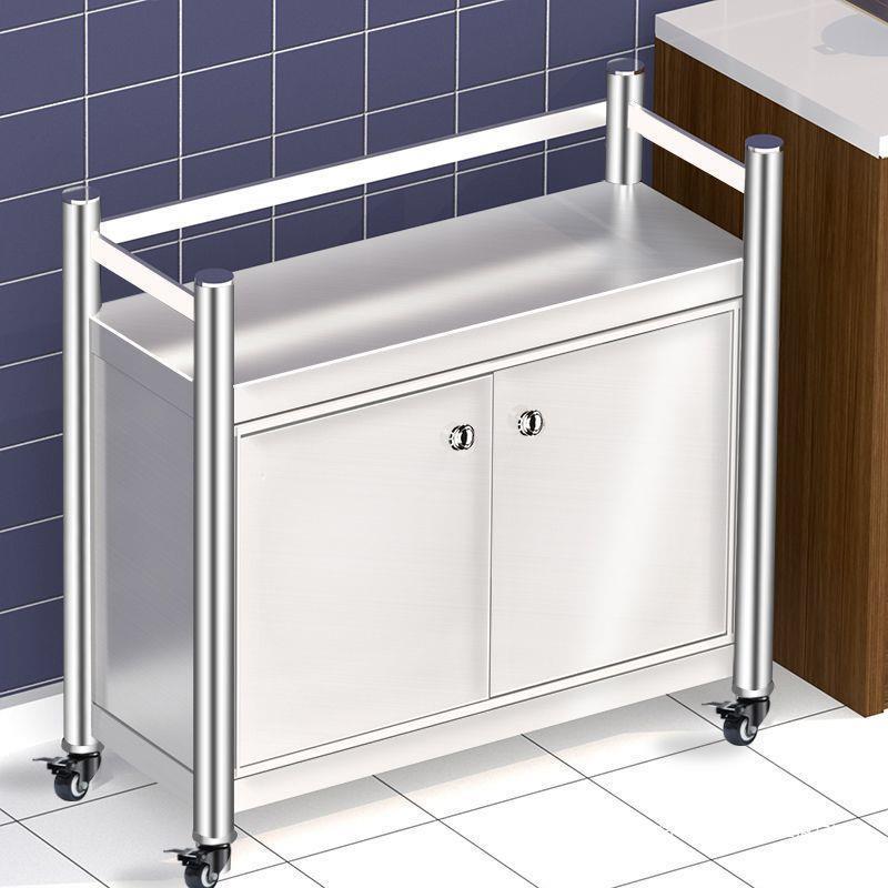 可移动不锈钢带柜子储物架厨房橱柜置物架烤箱微波炉架货架带轮子