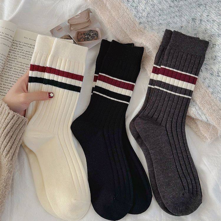 条纹羊绒中筒袜子女冬季加厚保暖网红潮流复古外穿运动羊毛长筒袜