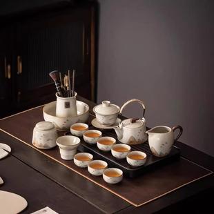 家用轻奢茶壶盖碗泡茶办公陶瓷茶杯茶盘整套 米黄汝窑功夫茶具套装