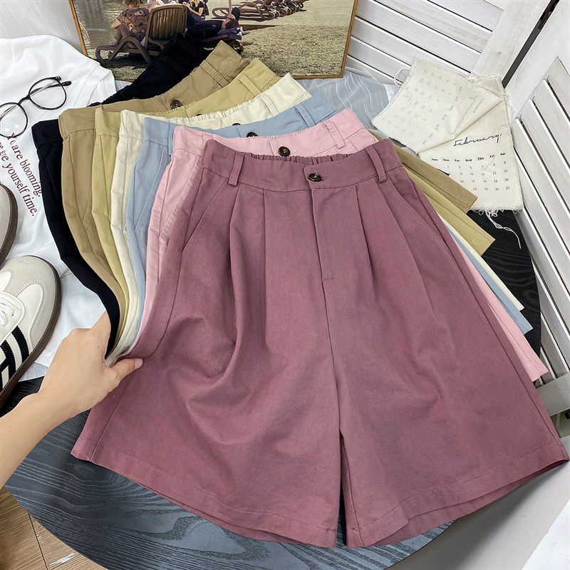 日系简约洗水棉工装休闲五分短裤女夏高腰洋气质复古百搭阔腿中裤,女装/女士精品,休闲裤,淘宝优惠券,粉丝福利购,淘宝优惠卷