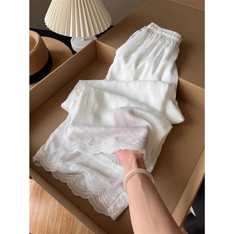 老钱风白色蕾丝花边刺绣亚麻阔腿裤女夏季薄款宽松慵懒垂感休闲裤,女装/女士精品,大码裤装,淘宝优惠券,粉丝福利购,淘宝优惠卷