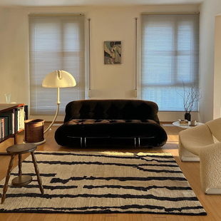 简约黑白灰地毯客厅现代高级轻奢茶几地垫复古北欧中古卧室床边毯