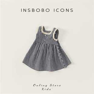裙子A字裙 女童背心裙高级气质无袖 女宝宝格子连衣裙2022新款 夏装