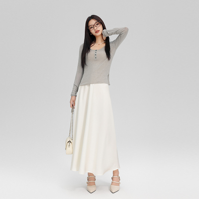 SEBICO高腰垂感缎面长款半身裙