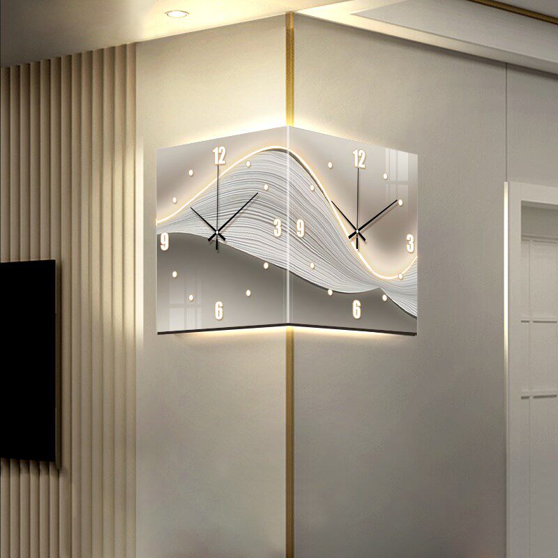 免打孔创意转角时钟网红款客厅发光双面挂钟轻奢lSed壁灯拐角钟表