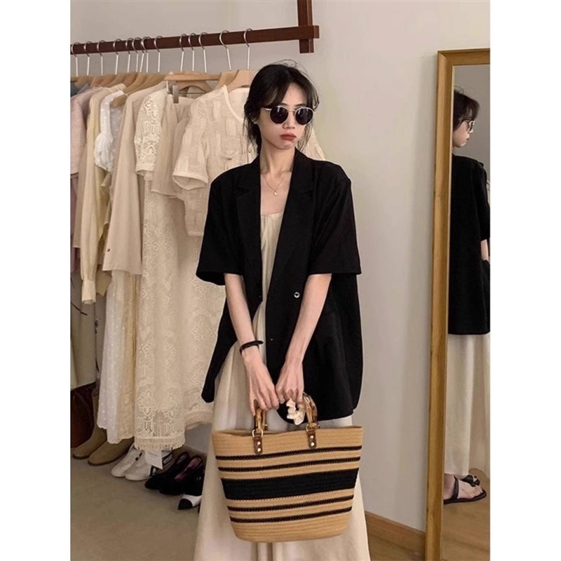 大码法式短袖西装外套女夏季微胖穿搭宽松显瘦吊带连衣裙两件套装