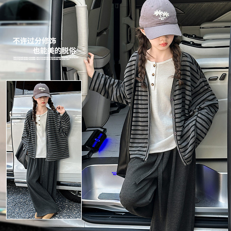 女条纹外套4岁套装女童春秋套装2025新款女宝宝春装儿童洋气