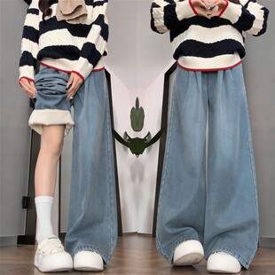 加绒直筒牛仔裤女裤子秋冬季宽松大码松紧腰小个子梨形报恩阔腿裤
