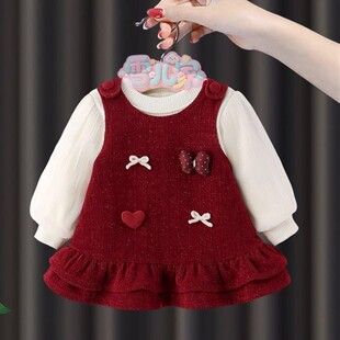 周岁女宝礼服女童冬季加绒连衣裙套装婴儿抓周生日甜美公主背心裙