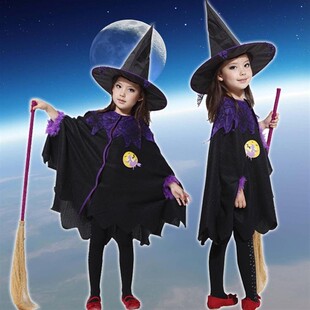 万圣节儿童服装 女童演出披风斗篷巫婆衣服小女巫cos亲子表演套装