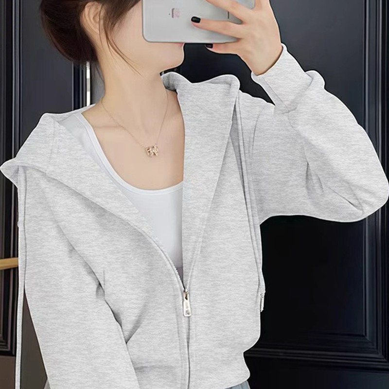 灰色连帽拉炼卫衣外套女2025秋冬新款加绒开衫宽松小个子短款上衣