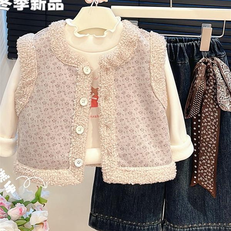 女童2025冬季新款舒适外穿休闲上衣女宝宝保暖加绒加厚碎花马甲潮