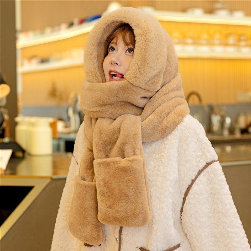 冬天可爱小熊帽子女冬季加厚保暖围巾一体护耳连帽围脖手套三件套,服饰配件/皮带/帽子/围巾,帽子,淘宝优惠券,粉丝福利购,淘宝优惠卷