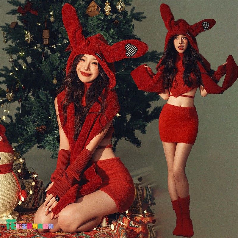 影楼圣诞节服装女性感元旦少女氛围感新年红色针织礼服艺术照服装