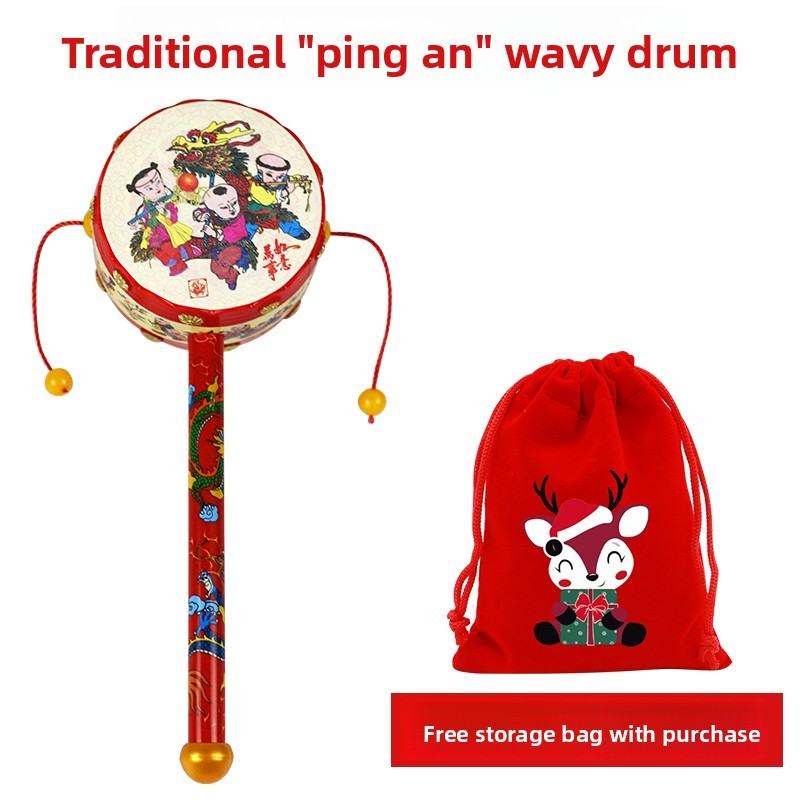 传统拨浪鼓老式手工牛皮木质可啃咬羊皮波浪鼓新生婴儿婴儿旋转鼓