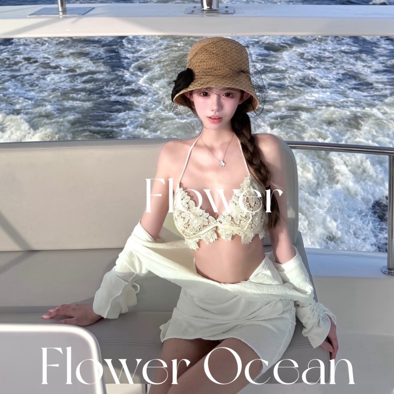 【松弛感拉满】白色bikini三件套温泉海边度假分体泳衣女性感纯欲