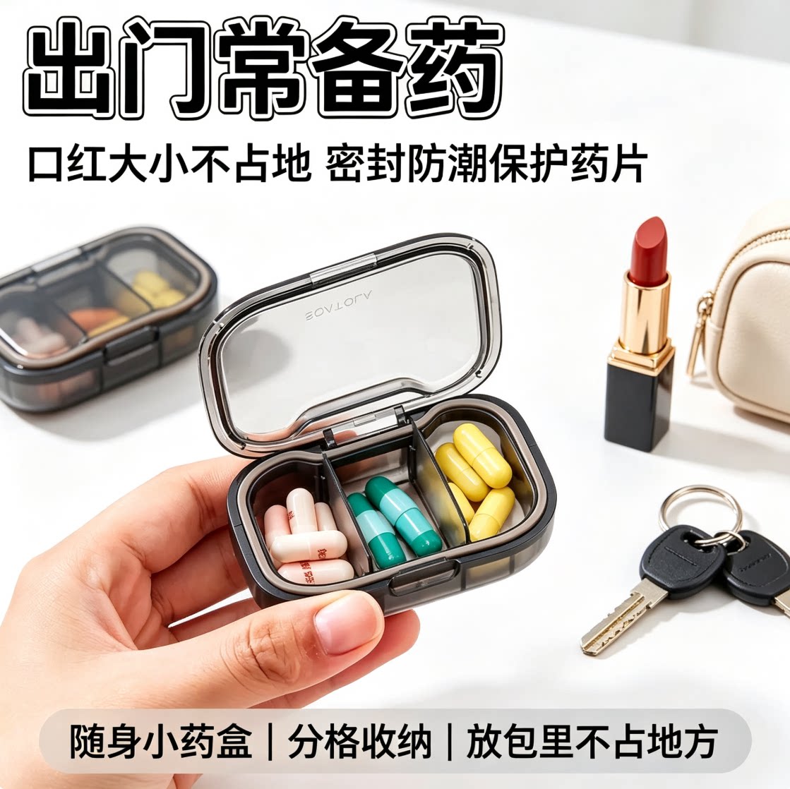 轻奢高颜值迷你便携式随身小药盒防尘防潮密封硅胶收纳药品分装盒图片