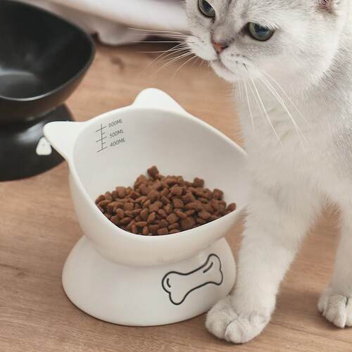 猫碗猫食盆陶瓷高脚斜口狗盆狗碗保护颈椎大口径猫咪黑色喝水饭碗