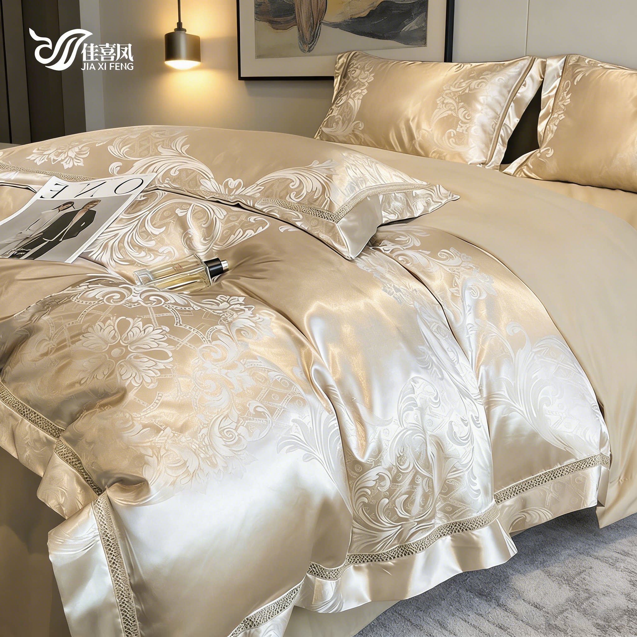 佳喜凤床上贡缎四件套轻奢提花被罩高端高支纯棉床品裸睡主卧床笠