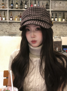 【猫仔kitten】休闲风秋冬格子马术帽宽檐格纹韩版显脸小棕色帽子