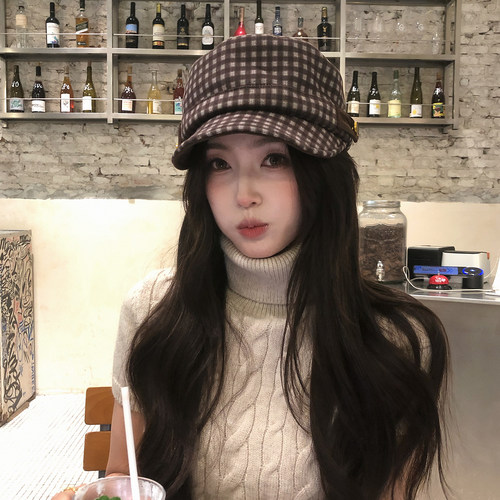 【猫仔kitten】休闲风秋冬格子马术帽宽檐格纹韩版显脸小棕色帽子