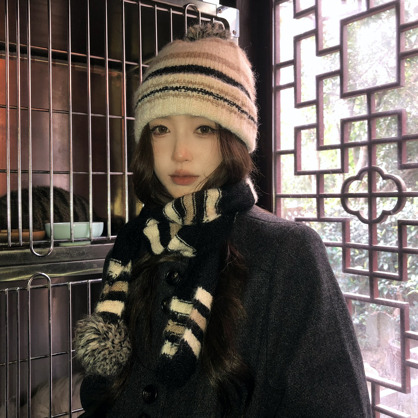 【猫仔kitte】2025年新款条纹针织帽女秋冬毛绒帽子围巾保暖套头