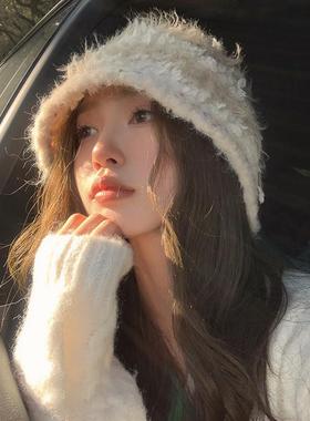 【猫仔kitten】毛绒盆帽大头围渔夫帽显脸小炸毛混色款针织帽子女