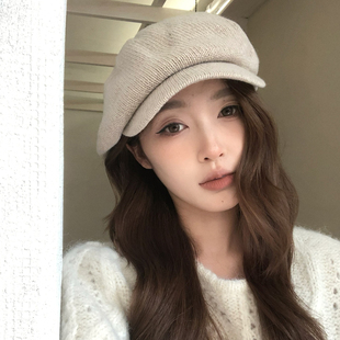 复古文艺针织画家帽女秋冬韩系显脸小鸭舌帽堆堆帽 猫仔kitten