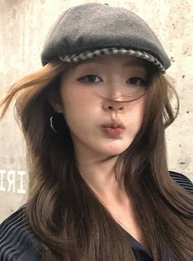 【猫仔kitten】黑白格子拼接前进帽大头围显脸小报童帽秋冬帽子女