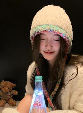 【猫仔kitten】甜美温暖白色帽子女毛绒针织帽包头帽护耳秋冬系绳