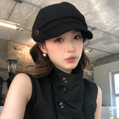 【猫仔kitten】气质八角帽侧面纽扣卷边贝雷帽黑色文艺画家帽子