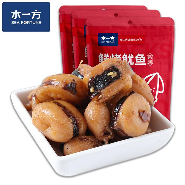 水一方现烤鱿鱼粒60g*3袋休闲香辣海鲜零食即食追剧小吃大连特产