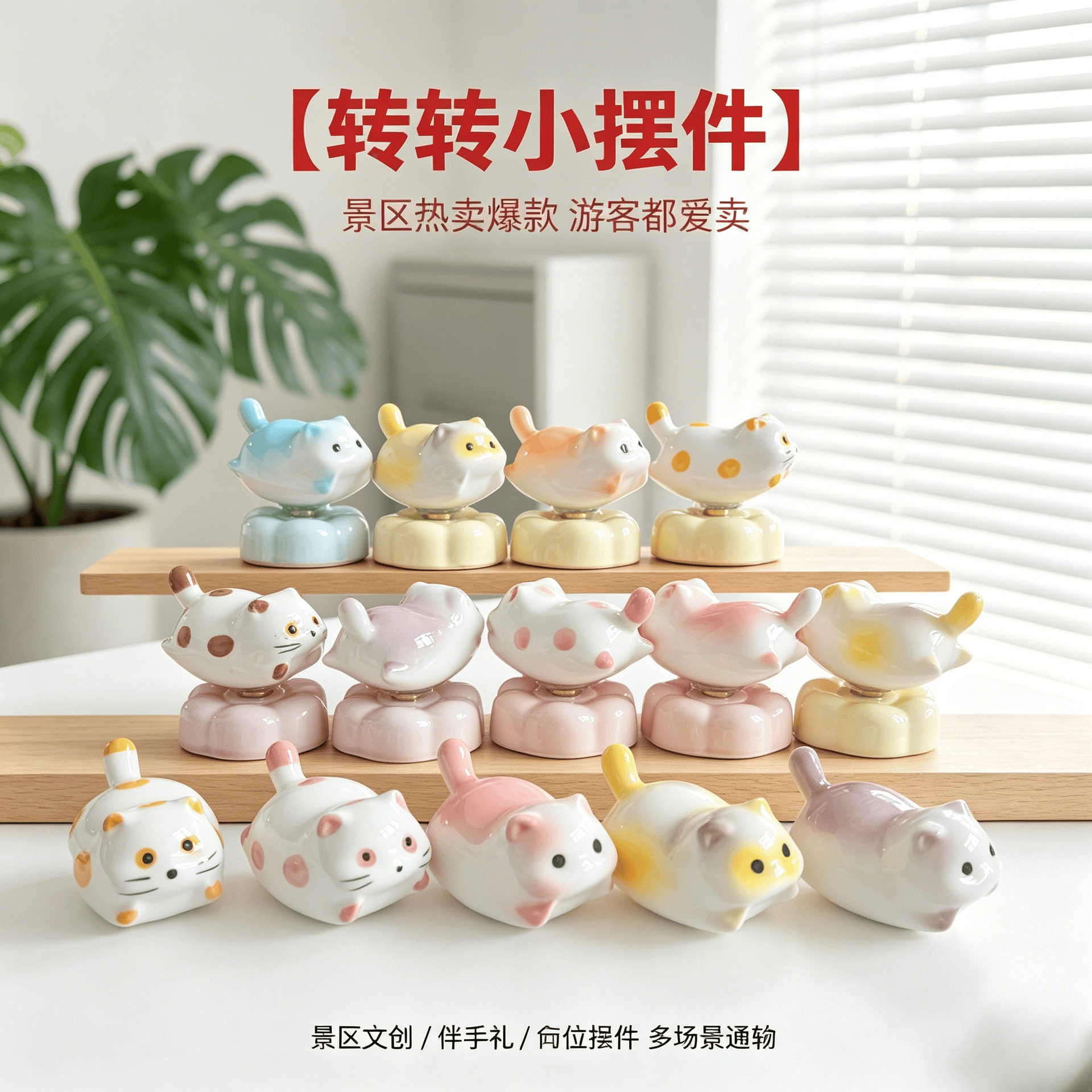 景德镇陶瓷招财小猫转转摆件