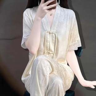 国风盘扣睡衣女夏季 长裤 新中式 短袖 V领杏色 可 外穿家居服冰丝薄款