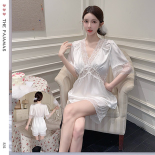 收腰V领蕾丝性感家居服 睡衣女短袖 短裤 睡衣套装 冰丝纯欲风女夏季