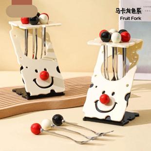 家用甜品小叉子收纳架儿童不锈钢水果签果插架高级感 水果叉子套装
