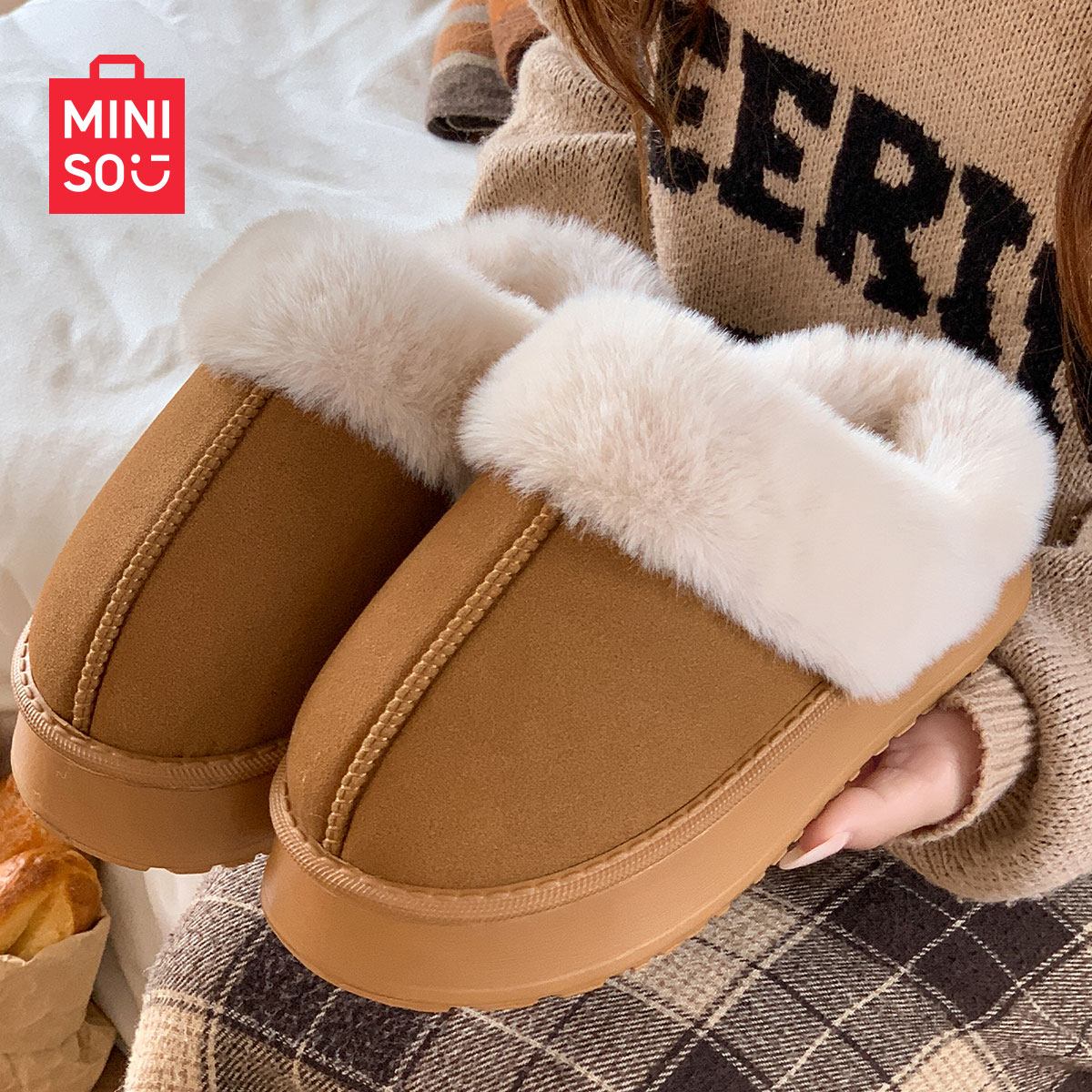 名创优品保暖棉拖女时尚洋气居家室内月子鞋毛2025新款冬拖鞋厚底