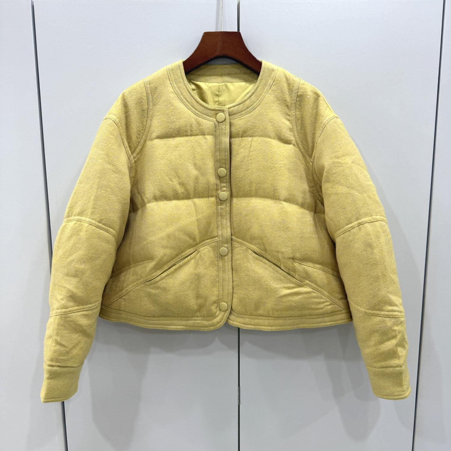 266226欧洲站25冬新款高端休闲减龄羊毛呢圆领短装鹅绒羽绒服外套