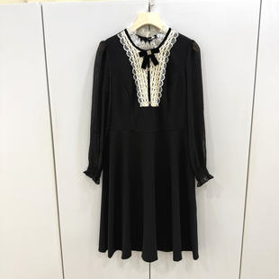 减龄中长连衣裙 法式 2021A030春26时尚 门禁撞色蕾丝花边立领拼接袖