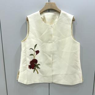 2023欧洲站圆领按扣重工钉珠石榴花国风马甲侧开叉无袖背心上衣春