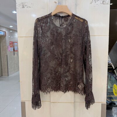L69355欧货蕾丝衫女长袖镂空花纹圆领百搭透视薄款性感打底上衣秋