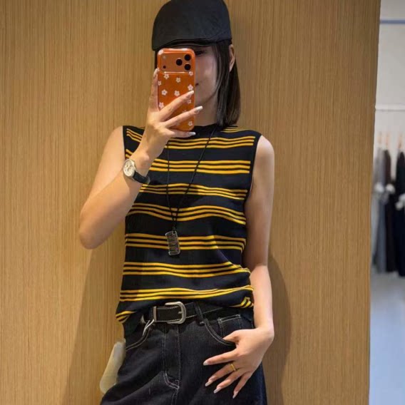 9633欧洲站时尚条纹针织背心女无袖圆领显瘦减龄天丝气质上衣26秋