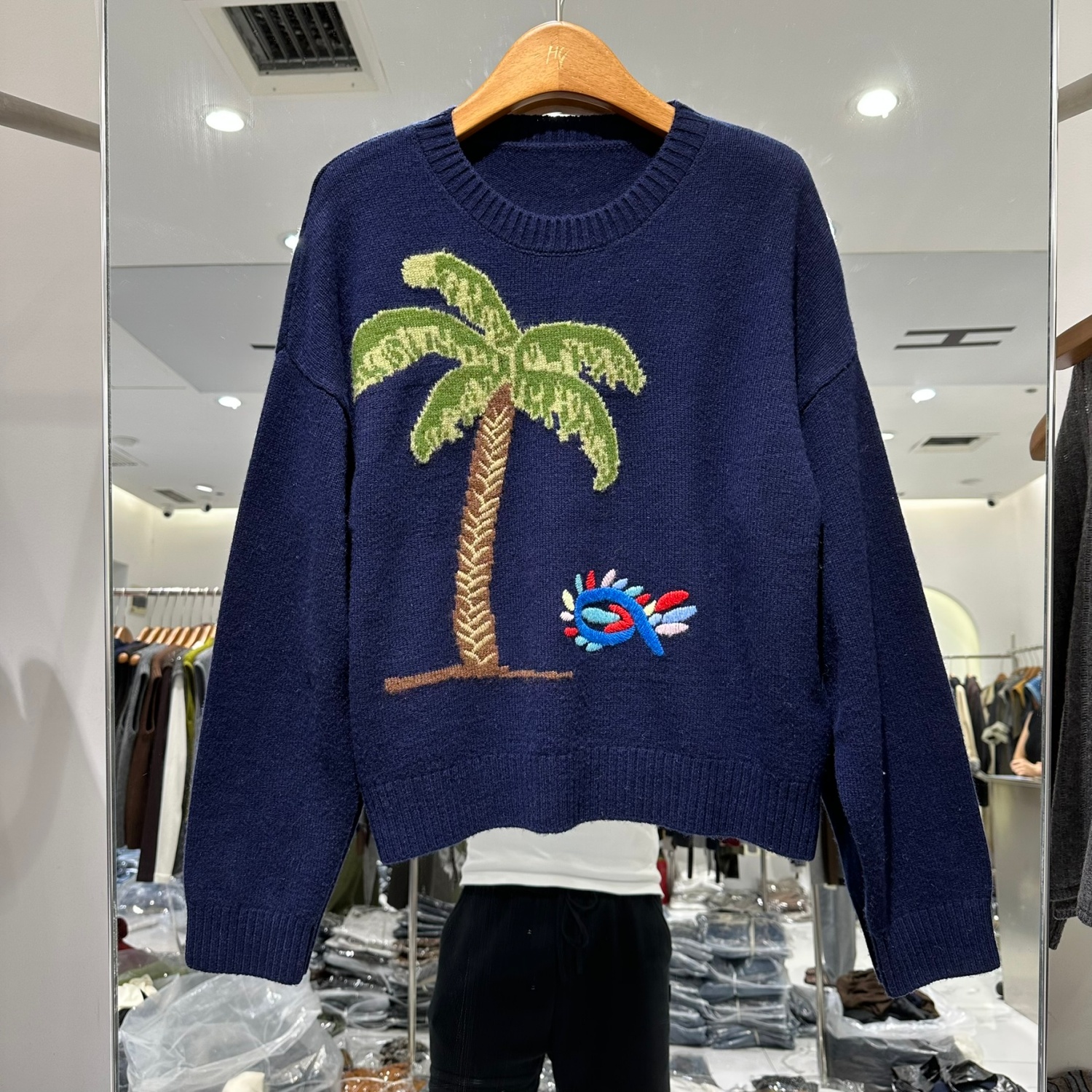 8-99365欧洲站25秋时尚圆领椰子树提花刺绣宽松显瘦羊毛针织毛衣