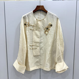 JD789欧货26春时尚 圆领盘扣斜门襟重工钉珠刺绣人丝提花国风衬衫