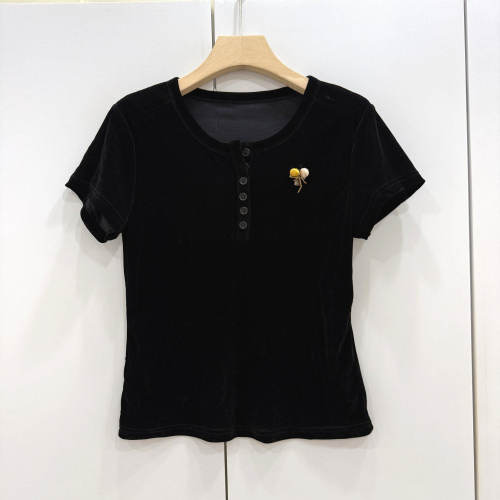 K317欧货黑色植绒短袖T恤女夏圆领纽扣刺绣修身显瘦百搭上衣夏