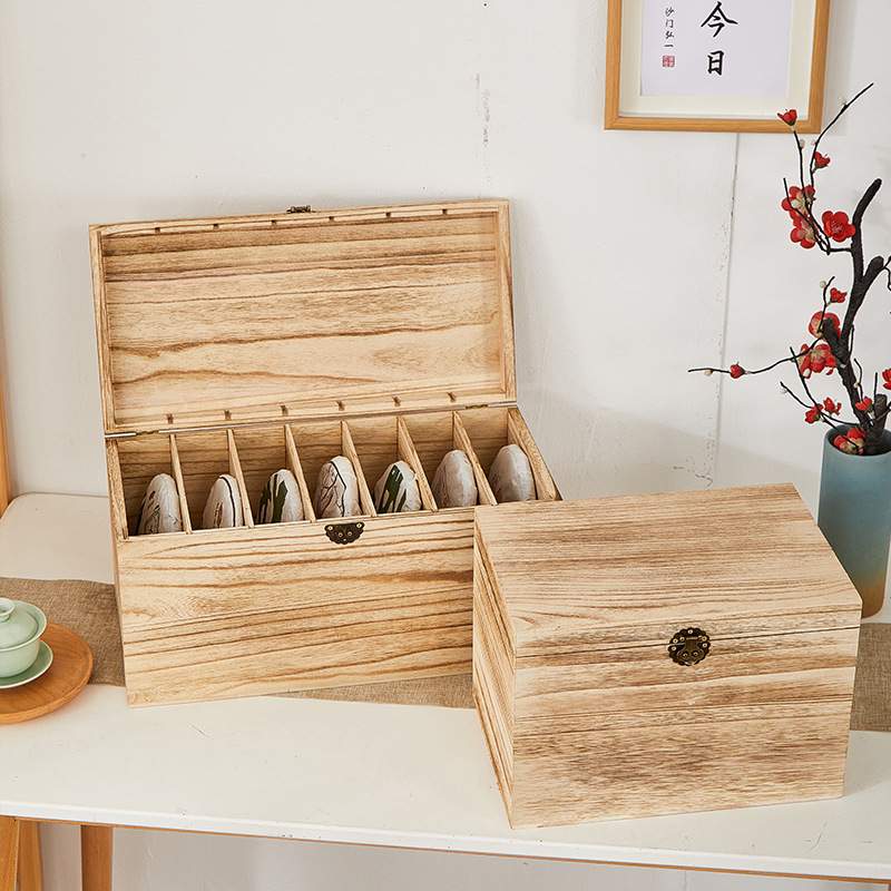 实木茶饼收纳防尘置物架复古风宝箱长方形多宝阁格子收纳桌面摆放