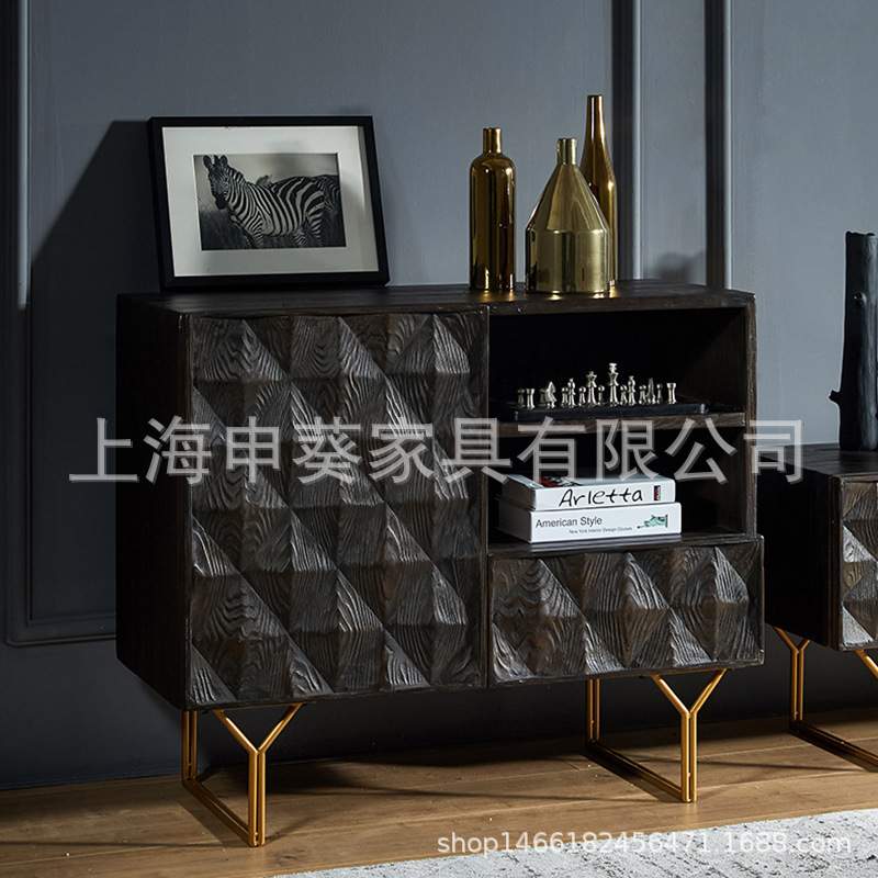 美式轻奢客厅餐边柜样板间门厅装饰柜复古别墅实木储物柜子玄关柜