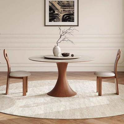 北欧实木岩板餐桌法式中古风小户型家用圆形饭桌胡桃色餐桌椅组合